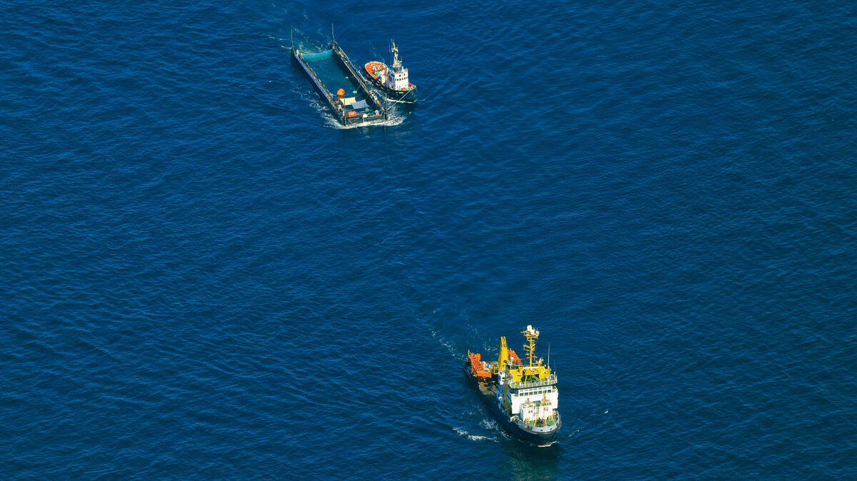 Der Schlepper "Fortuna B hat den Buckelwal aus der Barge (hinten) entlassen und befindet sich gerade auf dem Weg nach Cuxhaven. Foto: Christoph Reichwein/dpa
