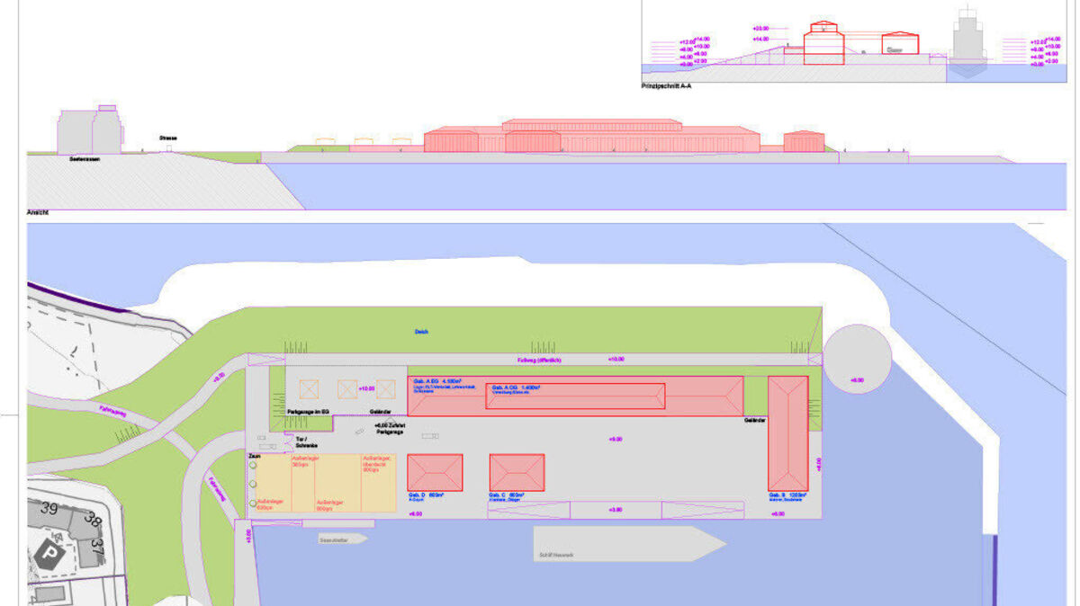 Die Planskizze zeigt die geplante "Landgewinnungsmaßnahme" im Fährhafen: Auf einem Plateau, dass sich an den heutigen Steindamm anschließt, soll eine Halle samt Nebengebäuden entstehen. Grafik: Wasserstraßen- und Schifffahrtsamt Elbe-Nordsee