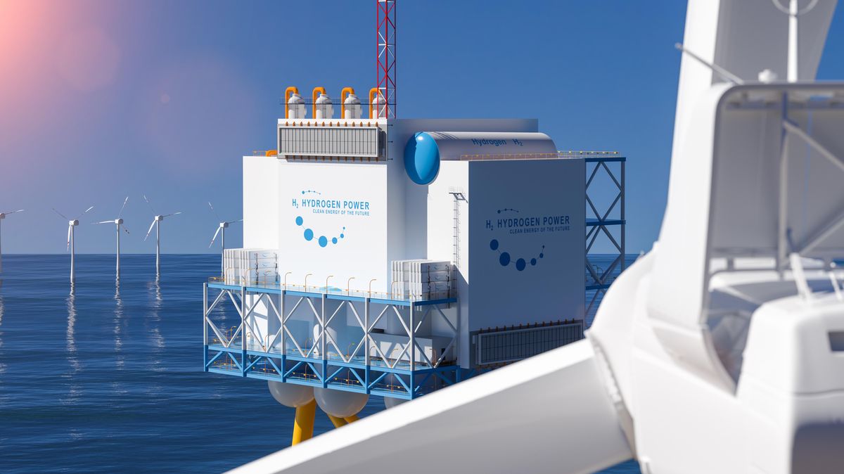 Das Ziel: Wasserstoffgewinnung in Windparks auf der Nordsee. Der von den Windrädern produzierte Strom wird zu einer Elektrolysestation (Mitte) geleitet, in der aus Seewasser (das vorher entsalzen wird) und Strom durch Elektrolyse Wasserstoff hergestellt wird, der in Tanks gelagert wird. Grafik: AfW