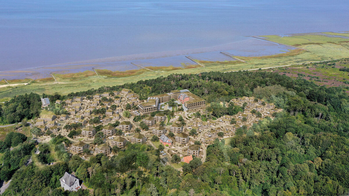 Die Animation zeigt das vom Investor NGEG geplante „Nordsee Natur Resort Cuxhaven“, das in die schützenswerte Dünen- und Waldlandschaft in Sahlenburg eingebettet werden soll. Animation: NGEG