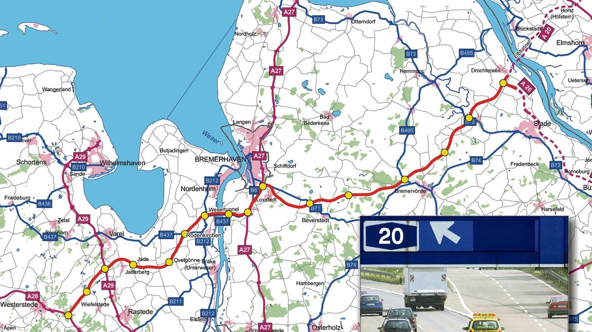 Die Küstenautobahn (rote Linie) kommt - bald auch im Cuxland. Der Bund hat jetzt für die 6,7 Kilometer lange Trasse zwischen dem Wesertunnel und der A 27 grünes Licht gegeben. Grafik: Landesbehörde für Straßenbau/Montage NZ: Kalf