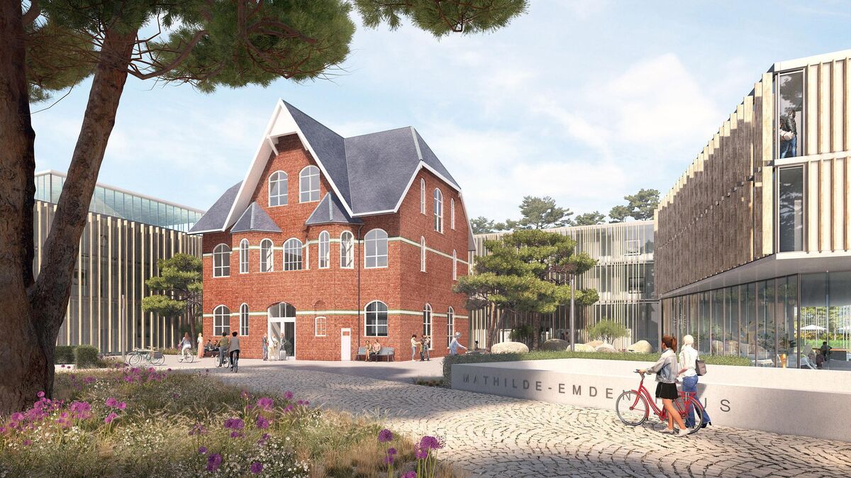 Zum geplanten "Nordsee Natur Resort Cuxhaven" gehört auch eine Hotelanlage mit 130 Zimmern. Das Hotel soll rund um das historische Mathilde-Emden-Haus entstehen. Das denkmalgeschützte Haus soll saniert werden. Grafik: NGEG
