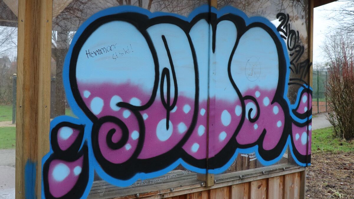 In Otterndorf kommt es immer wieder vor, dass Gebäude, Fassaden und Mauern von Unbekannten mit bunten Graffiti besprüht werden. Zuletzt ist die Schutzhütte im Stadtpark Ziel von Sprayern geworden. Foto: Mangels
