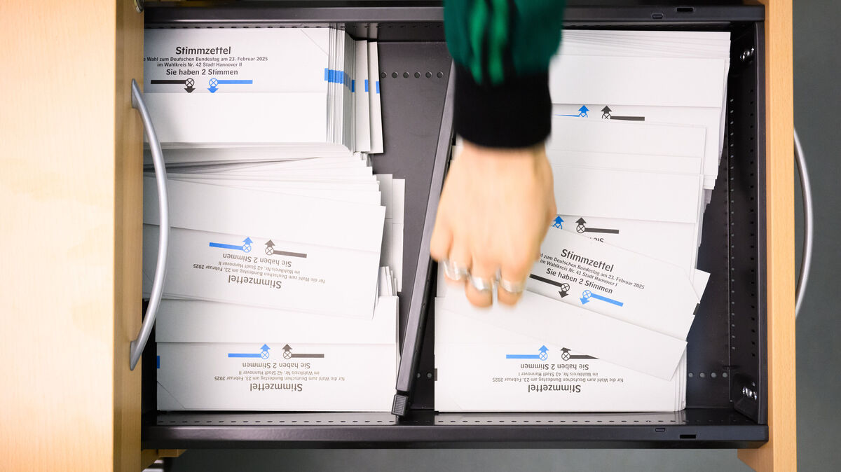 Ein Wahlhelfer nimmt einen Stimmzettel für die Bundestagswahl 2025 aus der Schublade. In ganz Deutschland werden am Sonntag, 23. Februar, wieder Millionen Menschen an die Wahlurne treten. Symbolfoto: Julian Stratenschulte/dpa
