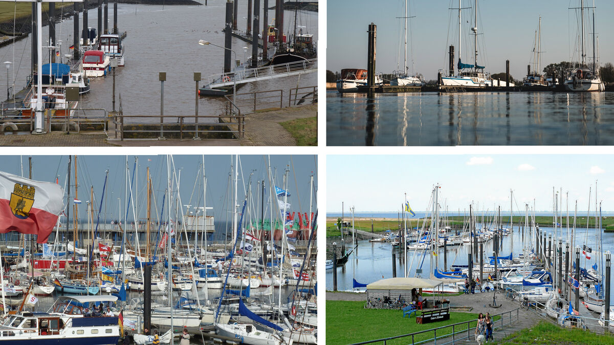 Die Häfen in Altenbruch, Neuhaus, Otterndorf und Cuxhaven (von links oben im Uhrzeigersinn) leiden unter dem Schlick. Die Masse der Ablagerungen aus der Elbe nimmt stetig zu. Fotos: Mangels, Seglervereinigung Neuhaus, Radecker, Sassen