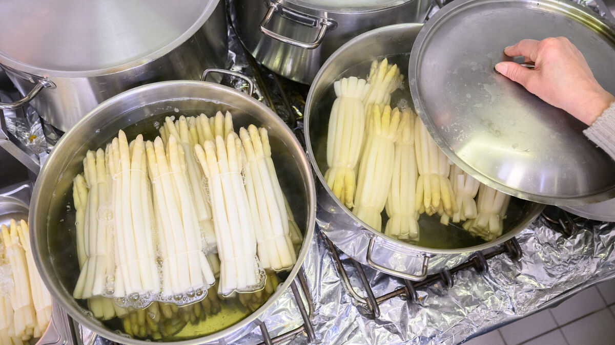 Frisch aus dem Topf: Weißer Spargel wird im Spargelschalenfond schonend gegart, um das volle Aroma zu entfalten. Foto: dpa/Stratenschulte