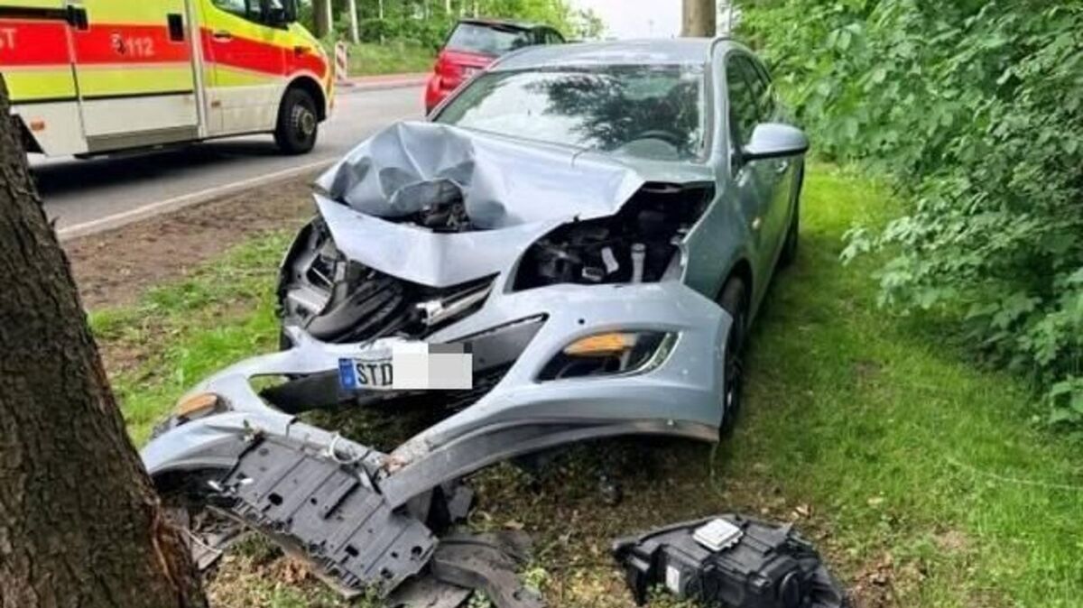 Das Auto prallt frontal gegen einen Baum. Foto: Polizei Stade