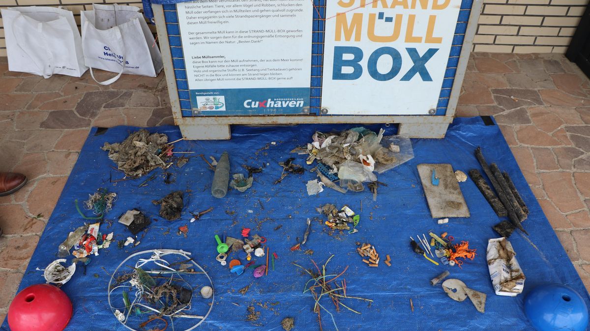 Eine schrecklich schöne Ausbeute: Luftballons, Plastikverpackungen, Fischnetzüberbleibsel, Zigarettenstummel, Folien und vieles mehr lagen am Ende der Müllsammelaktion auf der Plane vom Blauen Klassenzimmer. Viel neues "Futter" für die Strand-Müll-Box. Foto: Tiedemann