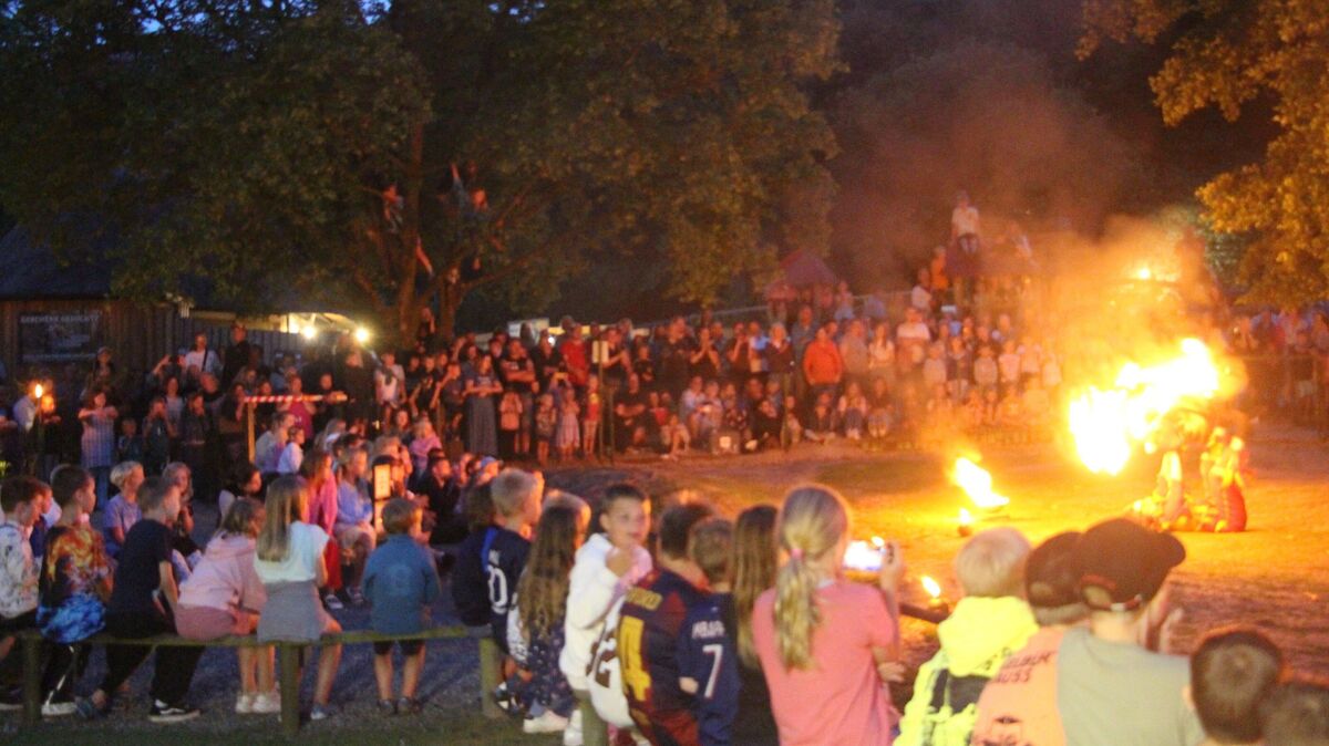 Feuershow vor Publikum bei der „Tropennacht" in der Wingst: Das Hamburger Duo Flammenspuk zeigt seine Show „Tanz der Feuervögel“. Foto: Domke-Feiner