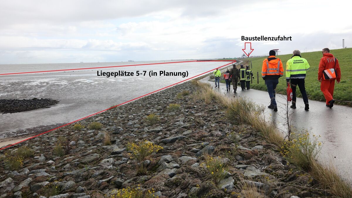 Die Teilnehmer der Deichschau passierten auch den Abschnitt der Offshore-Basis zwischen Siemens Gamesa und Titan Wind, wo in Kürze mit dem Bau der neuen Liegeplätze begonnen wird. Eine Baustellenzufahrt wurde bereits von NPorts gebaut. Foto: Larschow