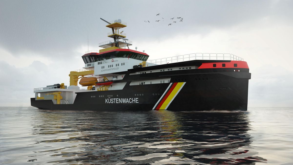 Die Visualisierung des neuen Mehrzweckschiffes für das Wasserstraßen- und Schifffahrtsamt Cuxhaven, des Nachfolgebaus der "Neuwerk". Abb.: Abeking & Rasmussen