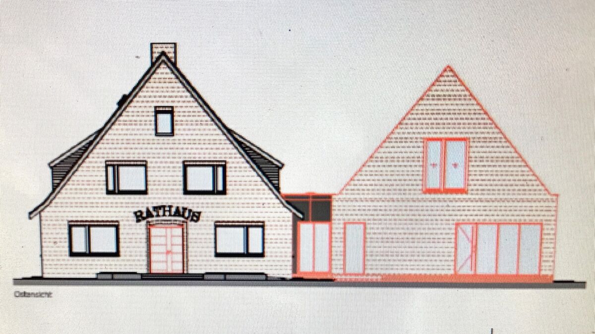 In der Zeichnung ist das neue Bürgerhaus in Hechthausen bereits fertig, das an das alte Rathaus (links) angegliedert wird. Um den neuen Treffpunkt für die Bevölkerung zu schaffen, wird das nicht mehr benötigte Feuerwehrgebäude abgerissen. Das Areal mitten im Ortskern steht dann für die Neubebauung zur Verfügung: Grafik: Gemeinde Hechthausen