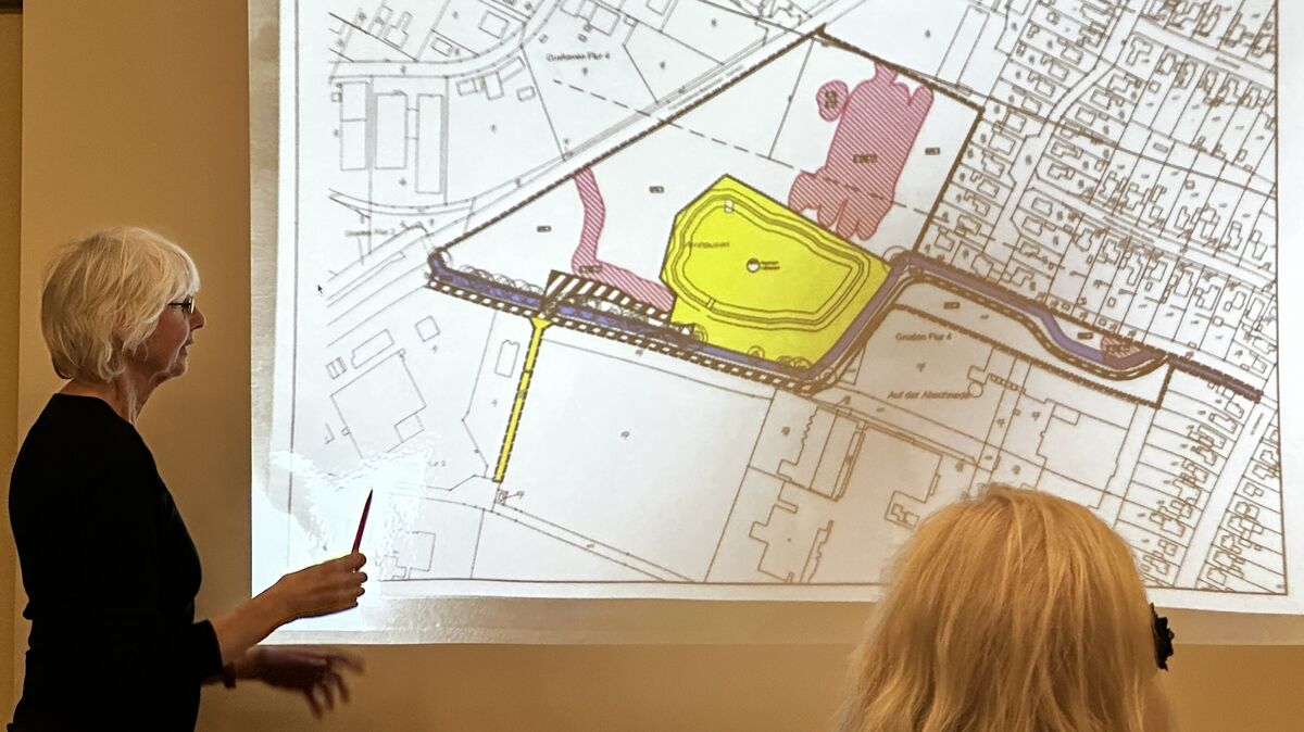 Gabriele Grubel von der Initiative Stadtgrün erklärte, wo das Becken entstehen soll und welche Einwände im Beteiligungsprozess vorgebracht worden waren. Fotos: Reese-Winne