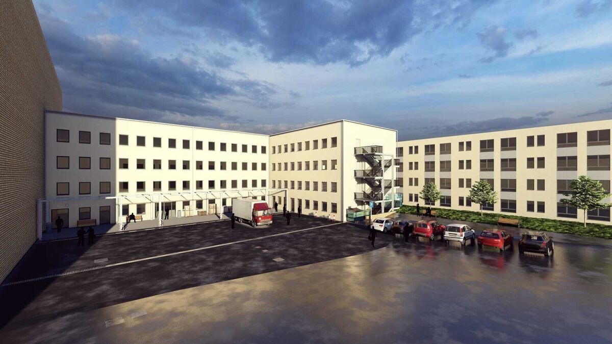 So soll die Fassade der Häuser E und F an der Rückseite des Krankenhauses nach der Sanierung aussehen. Bei dem langen Trakt ganz rechts handelt es sich um einen Teil des Neubaus von 2009. Grafik: Helios