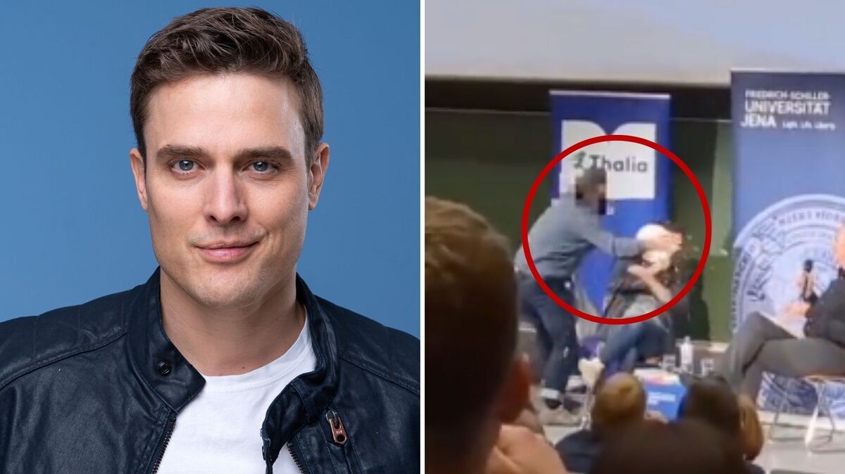 Der Cuxhavener "Tagesschau"-Sprecher Constantin Schreiber ist bei einer Lesung seines neuen Buches Opfer einer Torten-Attacke geworden. Fotos: dpa/Screenshot