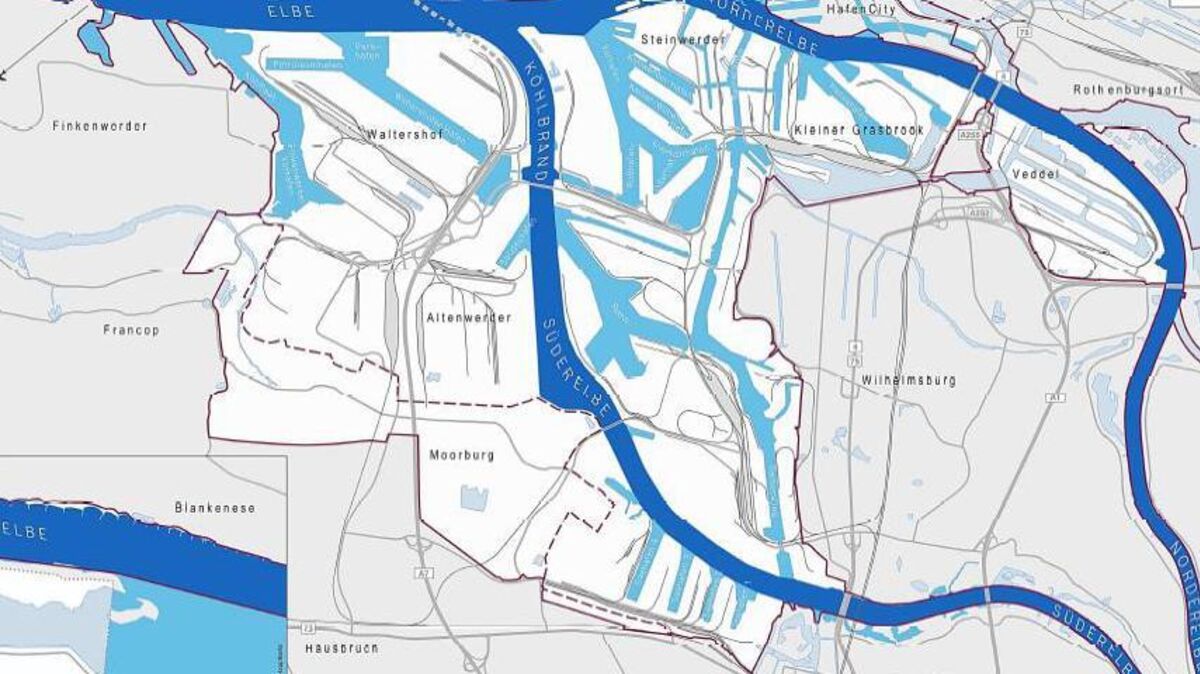 Die so genannte "Delegationsstrecke" (dunkelblau), die Bundeswasserstraße Elbe auf Hamburger Hoheitsgebiet, in der die HPA für die Unterhaltung zuständig ist. Aus dem hier gebaggerten Schlick speist sich das laut Gutachten gering belastete Material, das bei Scharhörn verklappt werden soll. Abb.: Hamburg Port Authority