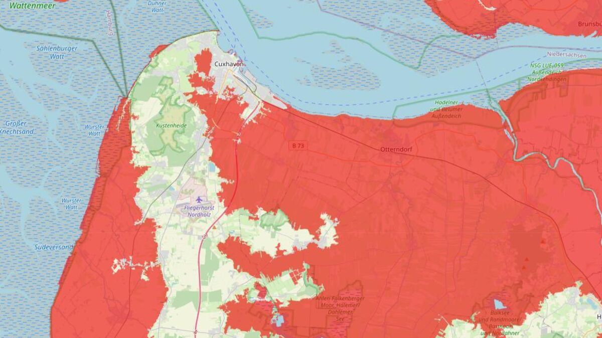 "Land unter" an der Cuxland-Küste: Wenn die Deiche nicht halten, könnte es im Jahr 2100 sehr nass werden im Kreis Cuxhaven. Grafik: HCU Hamburg