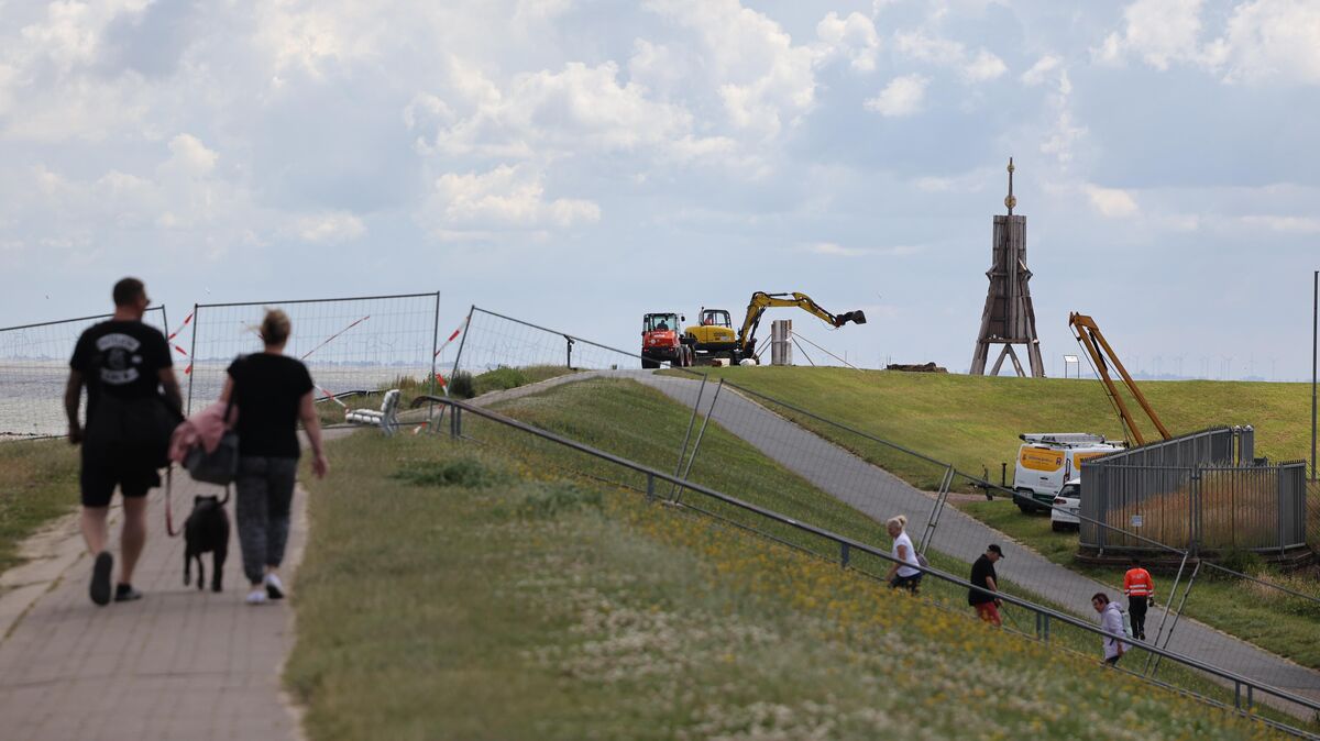 Die Baustelle auf dem Deich bei der Kugelbake. Foto: Gartner