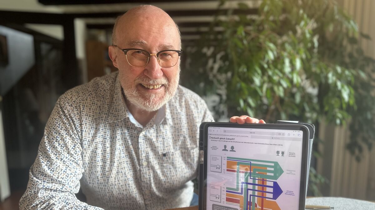 Klaus Gilg, ehemaliger Schulleiter aus Cuxhaven, verliert auch im Ruhestand das Bildungssystem nicht aus den Augen. Die von ihm gezeigte Statistik zeigt, dass es Kindern aus sozial niedrigeren Schichten immer noch extrem schwer gemacht wird, einen höheren Bildungsabschluss zu erreichen. Foto: Reese-Winne