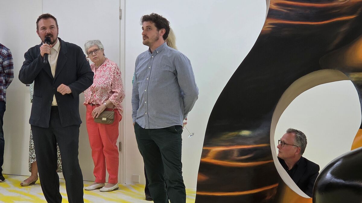 Leiter des Museums gegenstandsfreier Kunst Wilko Austermann (l.), Stefan Reiterer (m.) und erster Kreisrat Friedhelm Ottens (sitzend) eröffnen die Ausstellung "Inflections Points" von dem Österreicher Stefan Reiterer. Foto: Brettschneider