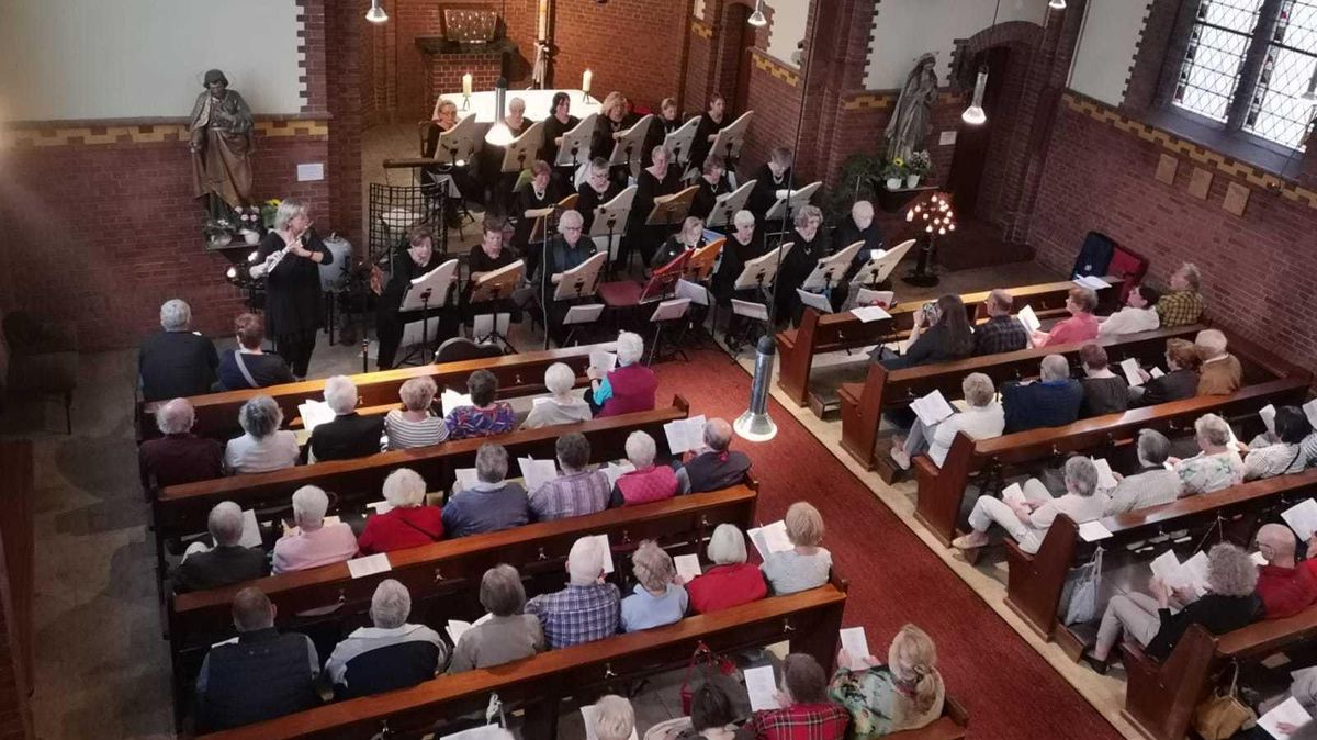 In der Herz-Jesu-Kirche verzauberte das inklusive Veeh-Harfen-Ensemble das Publikum. Akzente setzte unter anderem Gründerin Birgit Geister (vorn stehend) mit der Querflöte. Foto: red