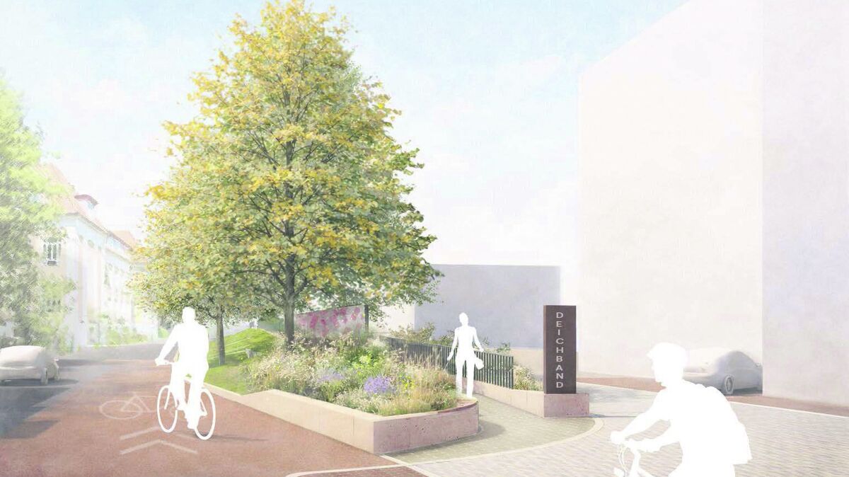 So soll es künftig aussehen: Die Visualisierung zeigt den Bereich zwischen Amtsgericht und Nports-Verwaltungsgebäude mit der neuen Deichrampe. Im Vordergrund sind die beiden Silberlinden zu erkennen, die als Ersatz für die gefällten Kastanien gepflanzt werden. Mit einer Höhe von sechs bis sieben Metern bei Pflanzung sollen sie rasch das Stadtbild prägen. Visualisierung: Treibhaus Landschaftsarchitektur