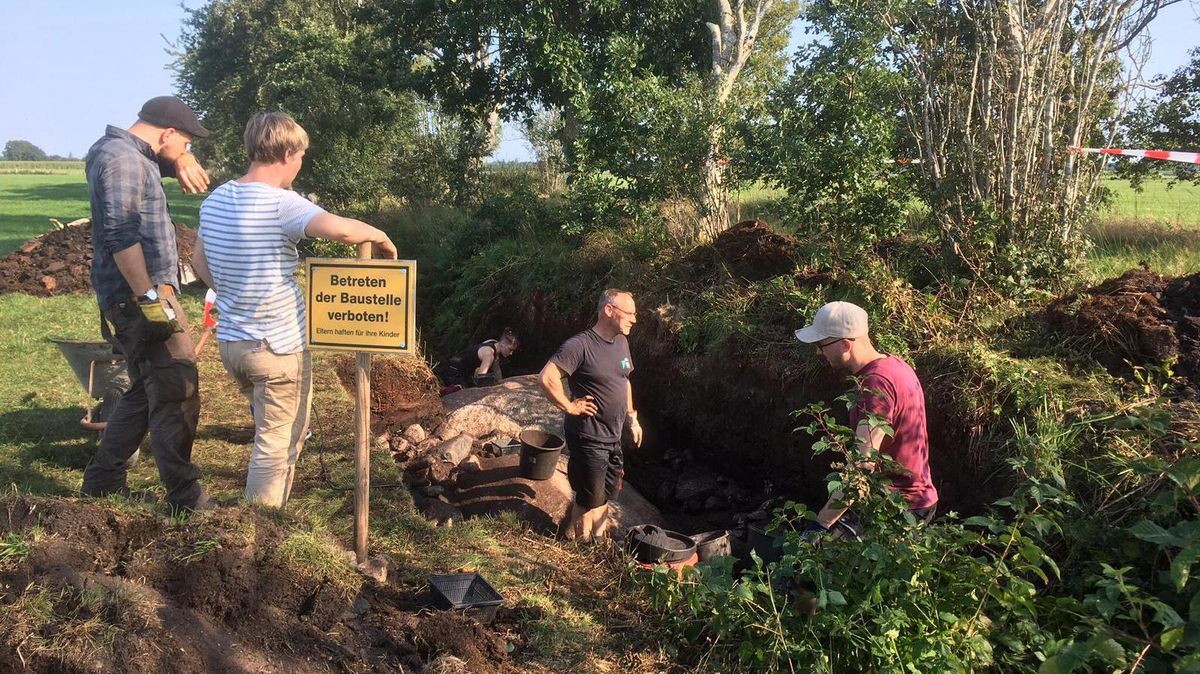 Nach einer Woche Arbeit ist auf dem Grünland in Ahlenfalkenberg schon ordentlich Erde bewegt worden, die die Steingräber aus der Jungsteinzeit tausende Jahre überdeckt hatte. Foto: Kramp