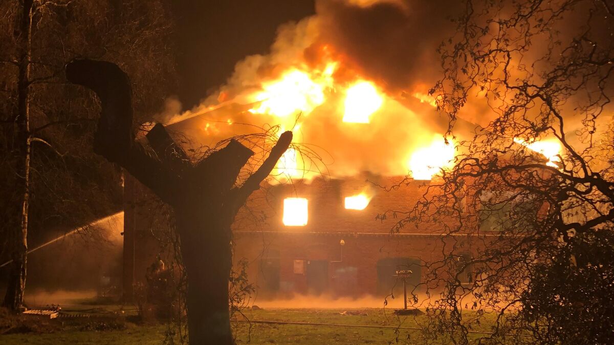 Als die Einsatzkräfte auf dem Hof an der Heerstraße ankommen, steht die Scheune bereits in Vollbrand. Das Feuer zerstört das 20 mal 50 Meter große Resthofgebäude, das zuletzt als Lager genutzt wurde. Foto: Feuerwehr
