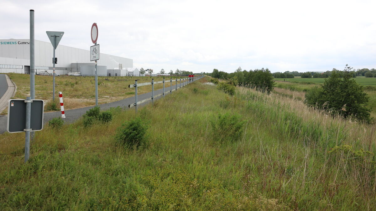 Blick am Siemens-Gamesa-Gelände vorbei: Rechterhand erstrecken sich die Flächen, auf denen weitere Gewerbebetriebe und Zulieferer sich ansiedeln könnten. Dazwischen befindet sich die Bahnlinie.