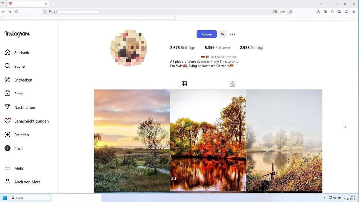 Die Aufnahme zeigt die Instagram-Seite der getöteten Ursula B.: Natur- und Landschaftsaufnahmen der Wahl-Otterndorferin stießen in diesem Forum auf große Resonanz; ihrem Hobby, der Fotografie, ging die 67-Jährige nach Zeugenberichten mit großer Leidenschaft nach. Foto: Koppe