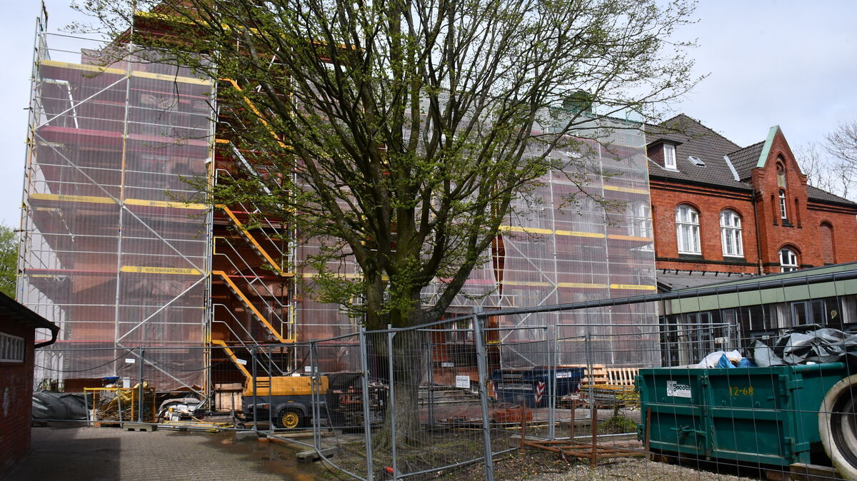 Das alte Gebäude der Otterndorfer Grundschule steht inzwischen im Mittelpunkt der Bauarbeiten. Dort wütet auch der "Hausschwamm" im Gebälk unter dem Dach und greift Holz und Wände an. Foto: Schröder
