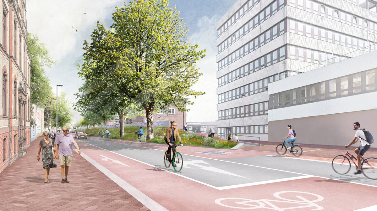 Mit neuen Radstreifen zu beiden Seiten der Straße und einem speziellen Aufstellbereich für Fahrräder im Kreuzungsbereich zwischen Amtsgericht und NPorts-Gebäude wird der Verkehr so strukturiert, dass Radfahrer Vorfahrt genießen und sicher sowie bequem vorankommen.