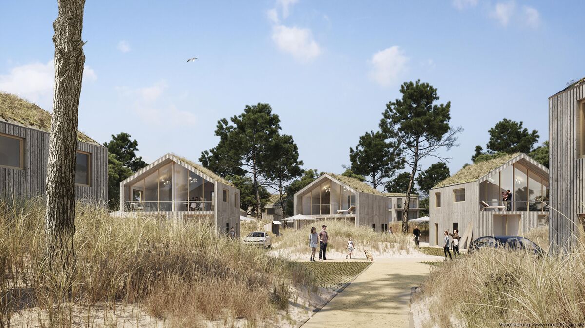 Das Erscheinungsbild des "Nordsee Natur Resort Cuxhaven" wird sehr naturnah sein. Die Ferienhäuser sollen in eine Dünenlandschaft eingebettet werden. Animation: NGEG