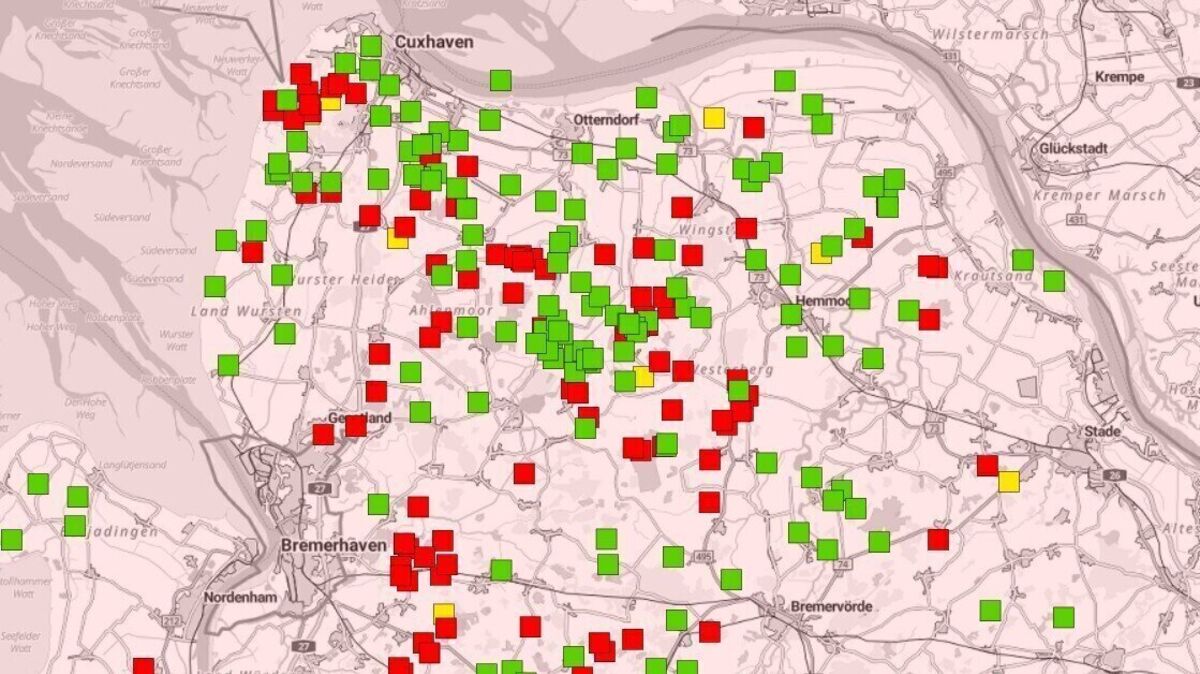 Die Karte zeigt, wo im Kreis Cuxhaven Nutztiere im Zeitraum April 2012 bis August 2025 gerissen wurden: rot=Rind, grün=Schaf, gelb=Pferd. Quelle: Niedersächsisches Ministerium für Umwelt, Energie und Klimaschutz