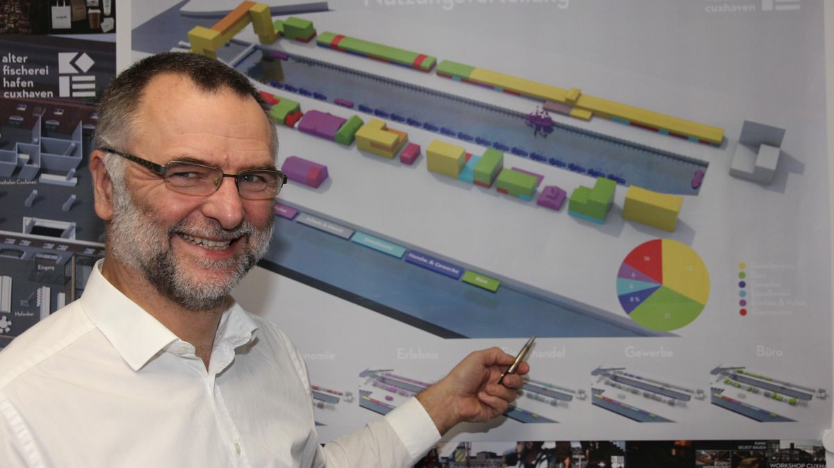 Jörg Staiger ist der Kopf hinter den Planungen für das künftige Hafenquartier. An seinem Schreibtisch entstehen auch die ersten Zeichnungen für den Bau der neuen Kaianlage mit Tiefgarage, 1070 Meter lang mit 650 Stellplätzen. Foto: Sassen