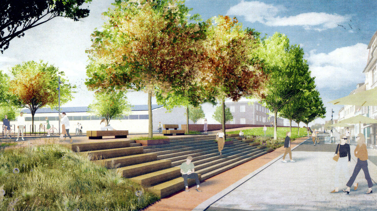 In Höhe des Parkplatzes der City-Marina könnte ein neuer Deichübergang geschaffen werden, um das dahinter liegende Areal einer neuen oder erweiterten Nutzung zuzuführen. Zeichnung: „abros Freiraumplanung GmbH“ Hamburg