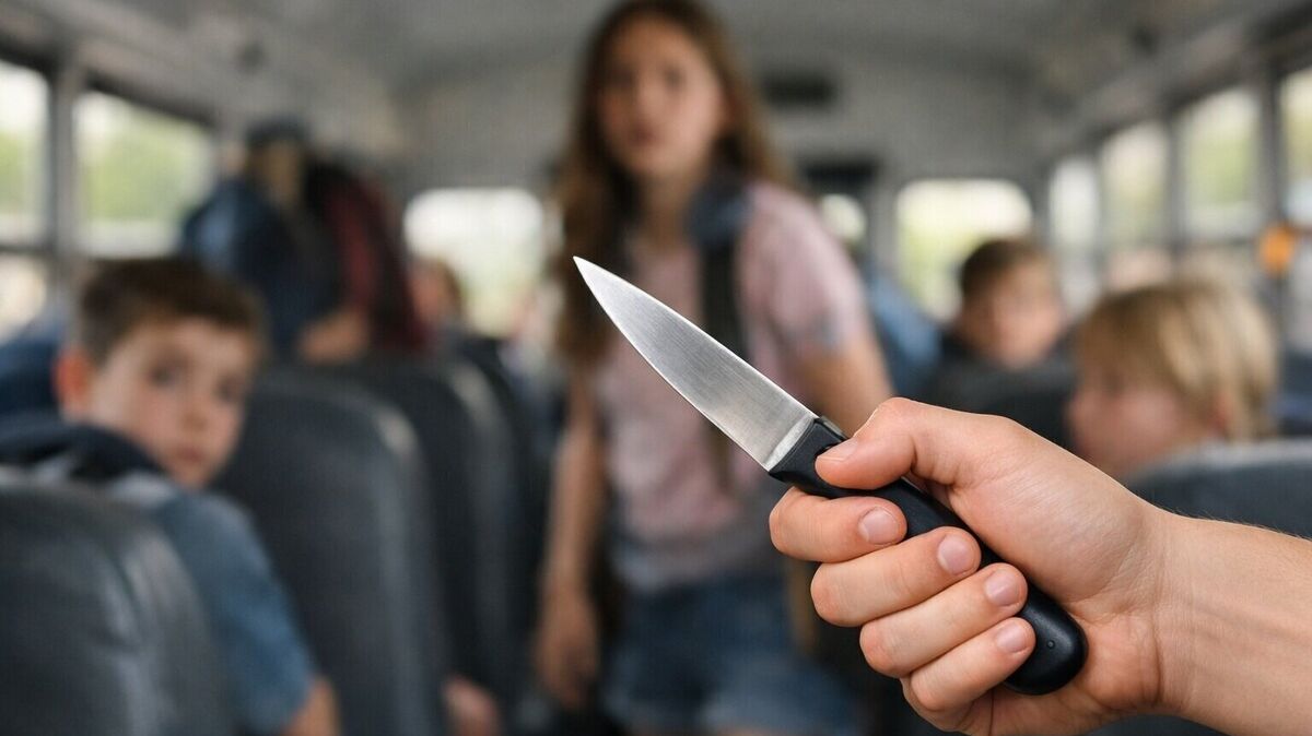 So oder ähnlich könnte es ausgesehen haben, als ein Fünftklässler im Schulbus plötzlich ein Messer zog und andere Schüler damit bedrohte (Symbolbild). Midlumer berichten in den sozialen Netzwerken von einer solchen Tat und weiteren Vorfällen. Foto: ChatGPT