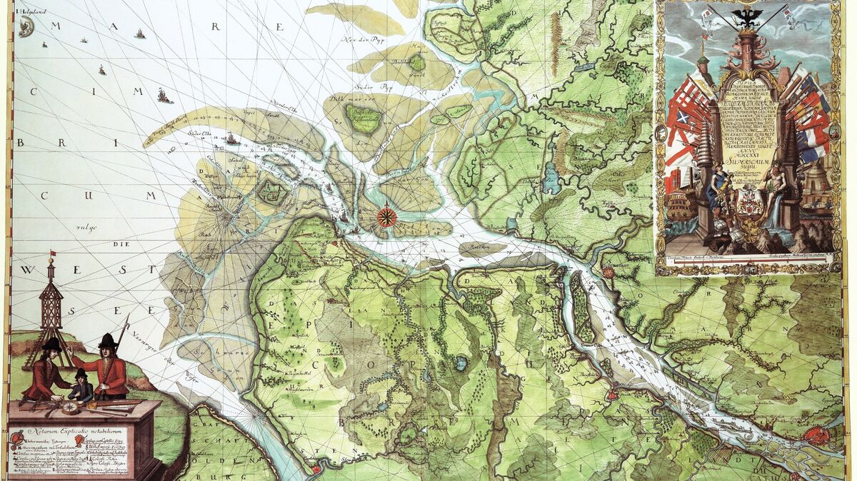Die Elbmündung, Karte von Zimmermann und Hasenbanck aus dem Jahr 1721. Quelle: Wikipedia