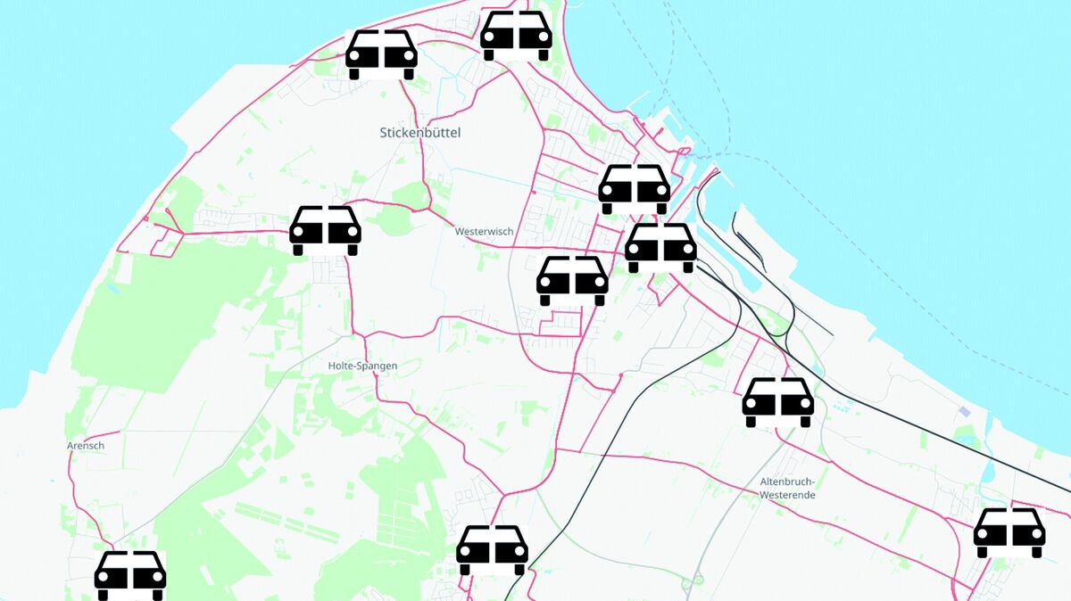 "Geteiltes" Auto: An diesen Stellen im Cuxhavener Stadtgebiet kann sich die Verwaltung Carsharing-Standorte vorstellen. In Gudendorf, Oxstedt und Lüdingworth (nicht im Bild) könnte ebenfalls ein Sharing-Fahrzeug parken.