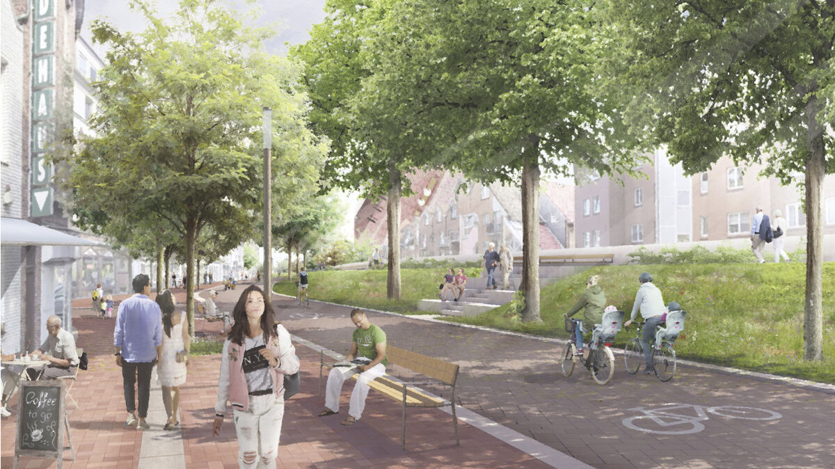 Die Deichstraße soll im Jahr 2025 von der Kreuzung beim Amtsgericht/NPorts bis zum Slippen als Fahrradstraße ausgebaut werden. Die Bürgersteige werden verbreitet. Eine neue Pflasterung ist ebenfallsw vorgesehen. Grafik: TREIBHAUS Landschaftsarchitektur Hamburg, Hamburg mit Ingenieurbüro für Straßen- und Tiefbau Tjardes, Rolfs, Titsch Part GmbH, Schortens