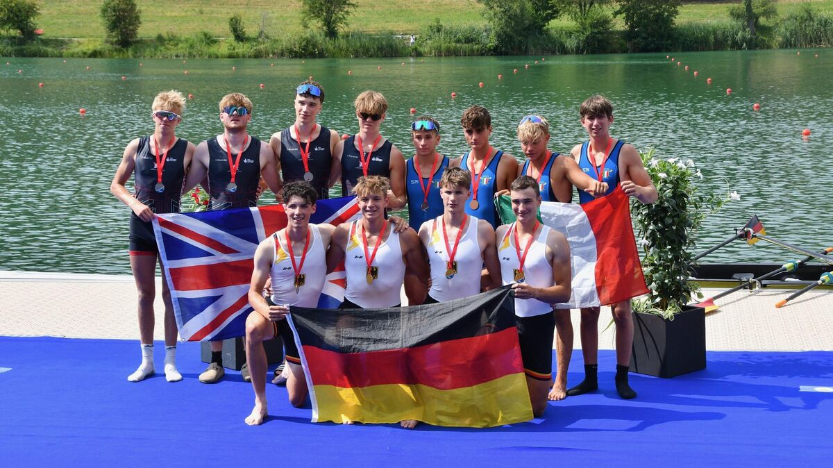 Hannes Herting holt mit dem deutschen Team im Doppelvierer bei den Wettkämpfen im schweizerischen Luzern die Goldmedaille. Foto: Deutscher Ruderverband