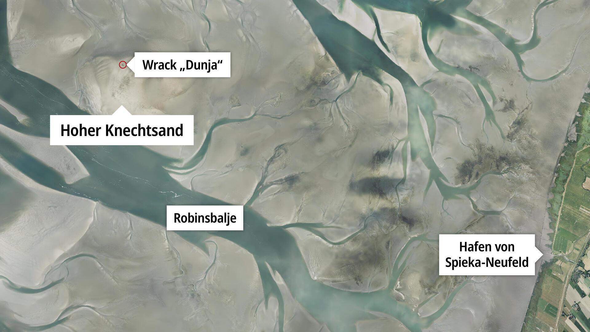 Teile des großen Knechtsands, auf dessen Höhe die Wasserleiche gefunden wurde, wird auch bei Hochwasser nicht überspült. Hier ist die Ansicht bei Niedrigwasser zu sehen. Foto: NLWKN,NLPV & WSV: Luftbildbefliegung 2022, Befliegung durch Hansa Luftbild, Bildflug 23.04.2022 - 04.09.2022 und NZ-Grafik